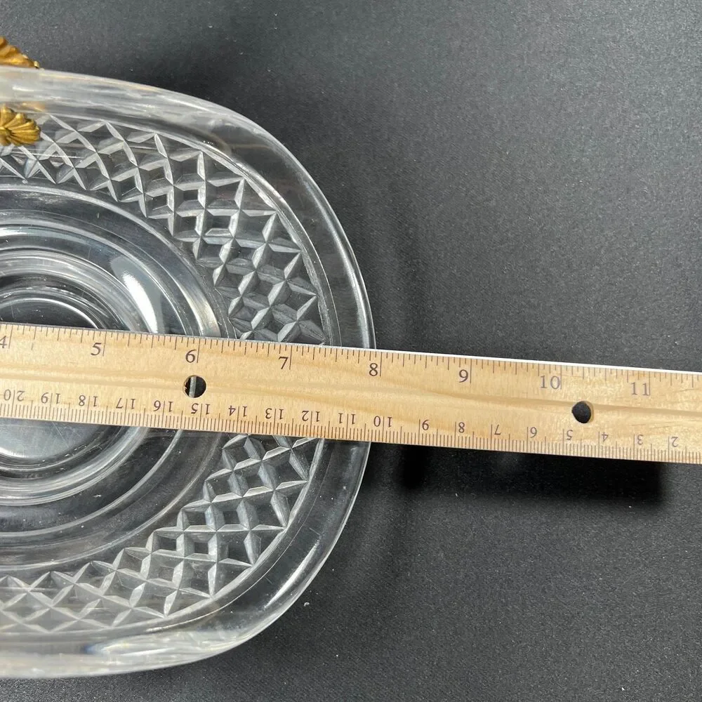 Mid Century Cut Crystal Basket Dish, Roped Brass Handle, Candy Trinket Bowl, VTG